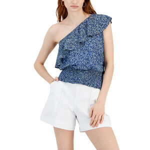 INC International Concepts Women's M Blue One-Shoulder Floral Ruffled Top NWT